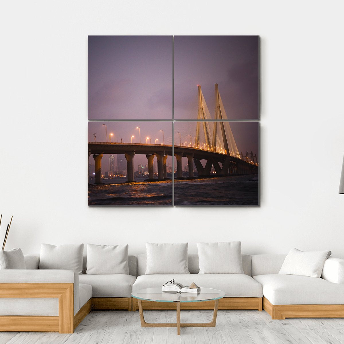 Bandra-Worli Sea Link Canvas Wall Art-4 Square-Gallery Wrap-17" x 17"-Tiaracle