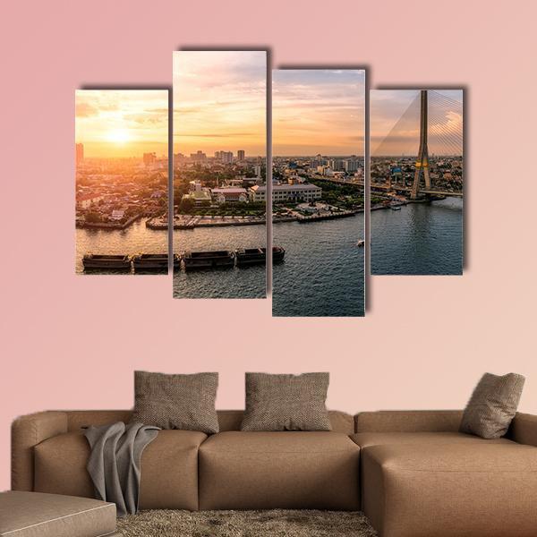 Sunset At Chao Phraya River Bangkok Canvas Wall Art-4 Pop-Gallery Wrap-50" x 32"-Tiaracle