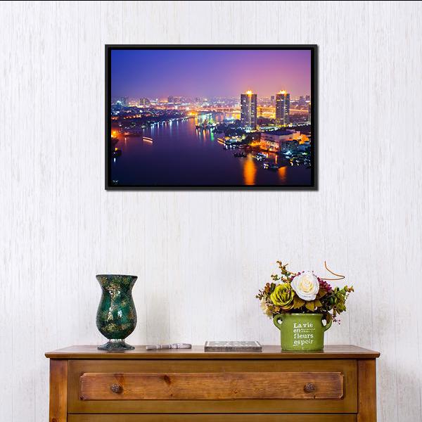 Bangkok Cityscape At Night Canvas Wall Art-3 Horizontal-Gallery Wrap-25" x 16"-Tiaracle