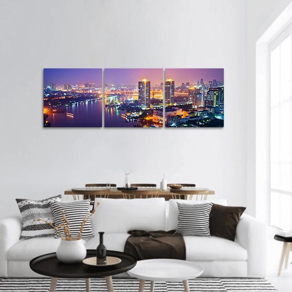 Bangkok Cityscape At Night Panoramic Canvas Wall Art-3 Piece-25" x 08"-Tiaracle