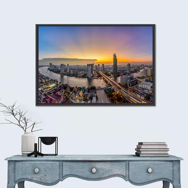 Bangkok Modern Business District At Dusk Canvas Wall Art-1 Piece-Floating Frame-36" x 24"-Tiaracle