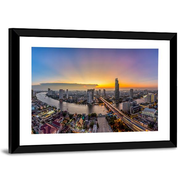 Bangkok Modern Business District At Dusk Canvas Wall Art-5 Horizontal-Gallery Wrap-22" x 12"-Tiaracle