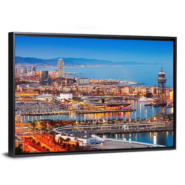 Barcelona City & Port Canvas Wall Art-3 Horizontal-Gallery Wrap-25" x 16"-Tiaracle
