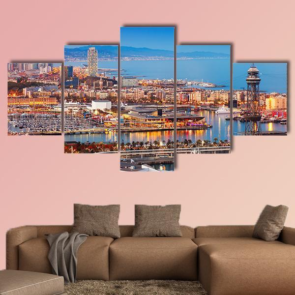 Barcelona City & Port Canvas Wall Art-5 Star-Gallery Wrap-62" x 32"-Tiaracle