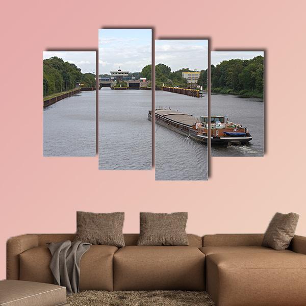 Barge Moving In Canal Canvas Wall Art-4 Pop-Gallery Wrap-50" x 32"-Tiaracle