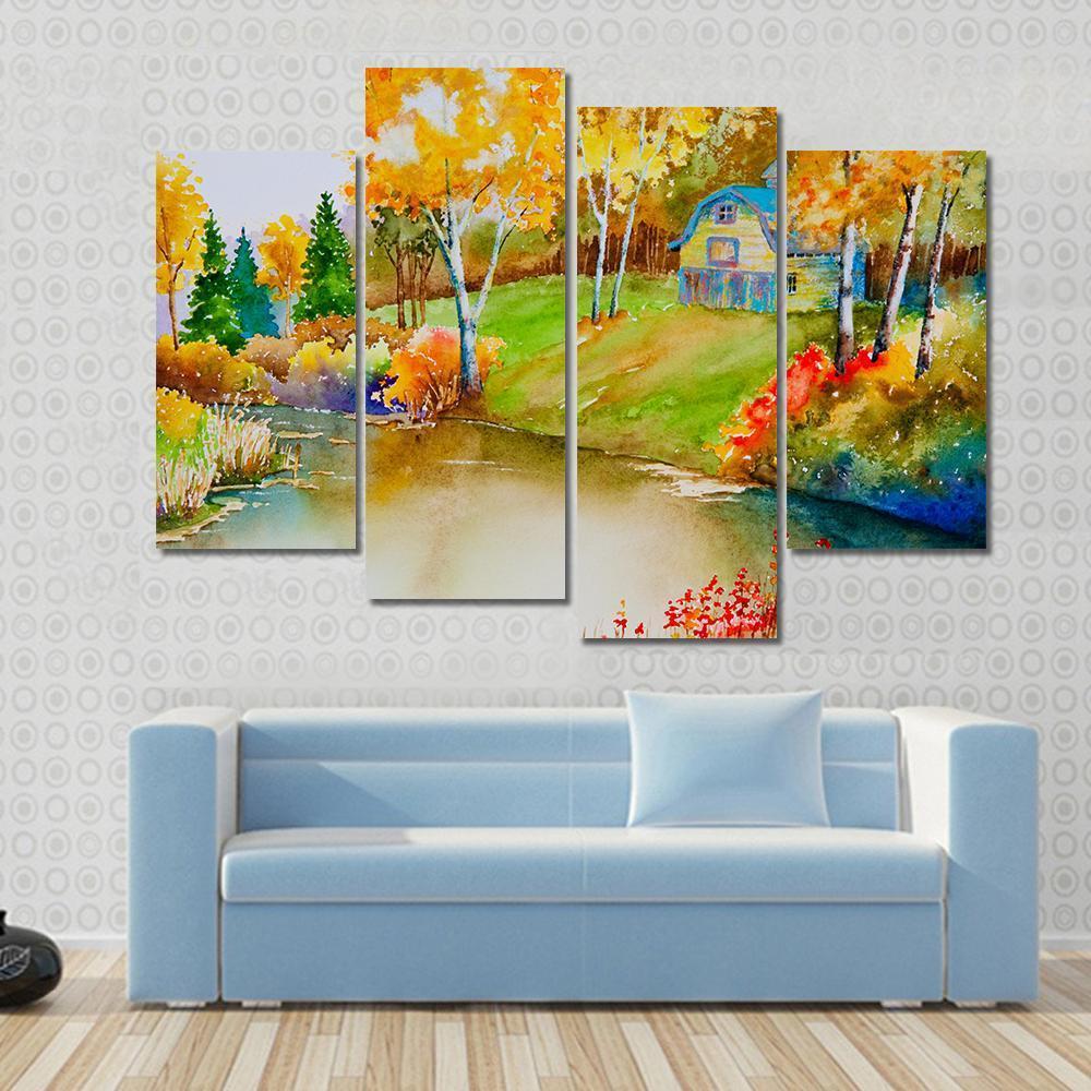 Barn & Pond In Autumn Canvas Wall Art-4 Pop-Gallery Wrap-50" x 32"-Tiaracle
