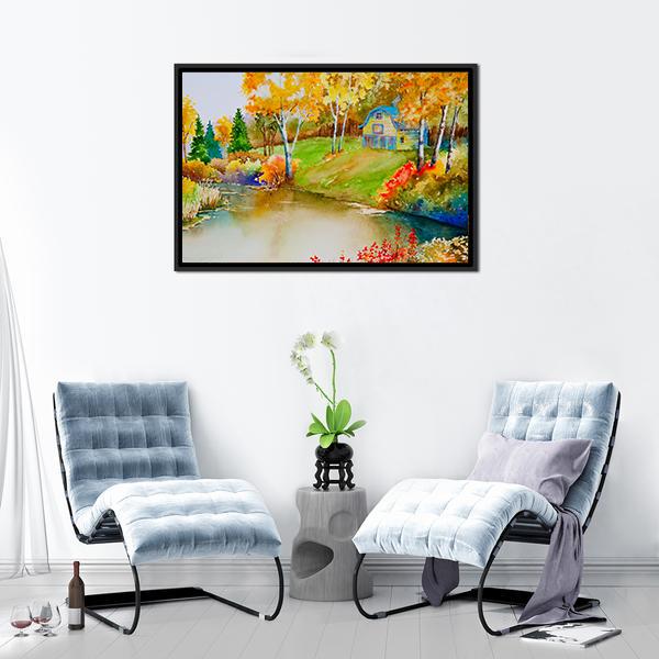 Barn & Pond In Autumn Canvas Wall Art-3 Horizontal-Gallery Wrap-25" x 16"-Tiaracle