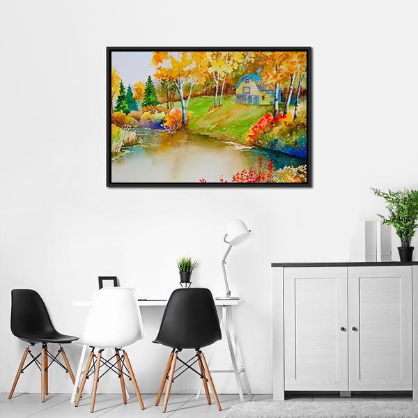 Barn & Pond In Autumn Canvas Wall Art-3 Horizontal-Gallery Wrap-25" x 16"-Tiaracle