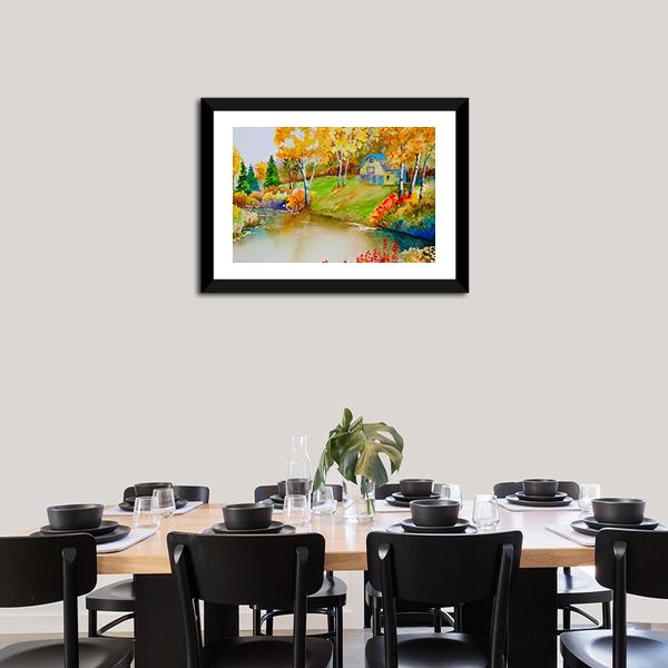 Barn & Pond In Autumn Canvas Wall Art-3 Horizontal-Gallery Wrap-25" x 16"-Tiaracle