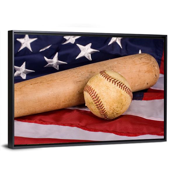 Baseball & Bat With American Flag Canvas Wall Art-3 Horizontal-Gallery Wrap-25" x 16"-Tiaracle