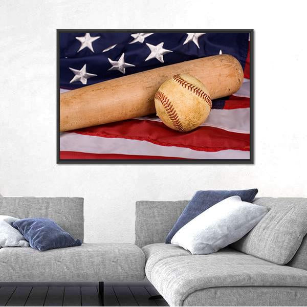 Baseball & Bat With American Flag Canvas Wall Art-3 Horizontal-Gallery Wrap-25" x 16"-Tiaracle