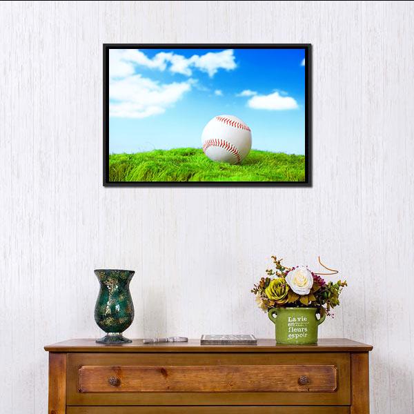 Baseball In Green Grass Canvas Wall Art-1 Piece-Floating Frame-24" x 16"-Tiaracle