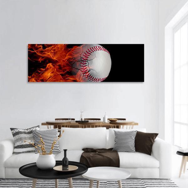 Cracked Baseball On Fire Panoramic Canvas Wall Art-1 Piece-36" x 12"-Tiaracle