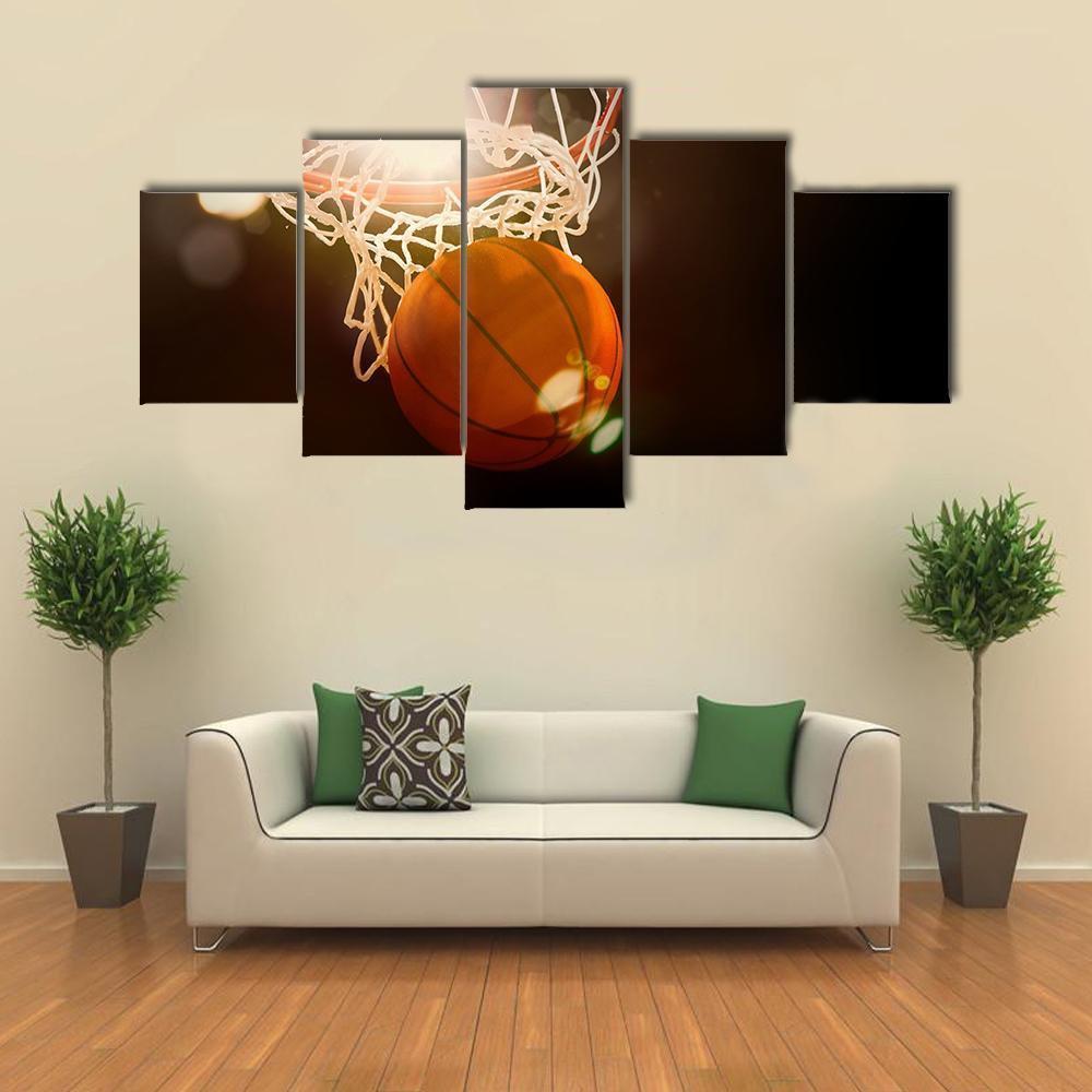 Basketball Going Through Basket Canvas Wall Art-5 Star-Gallery Wrap-62" x 32"-Tiaracle