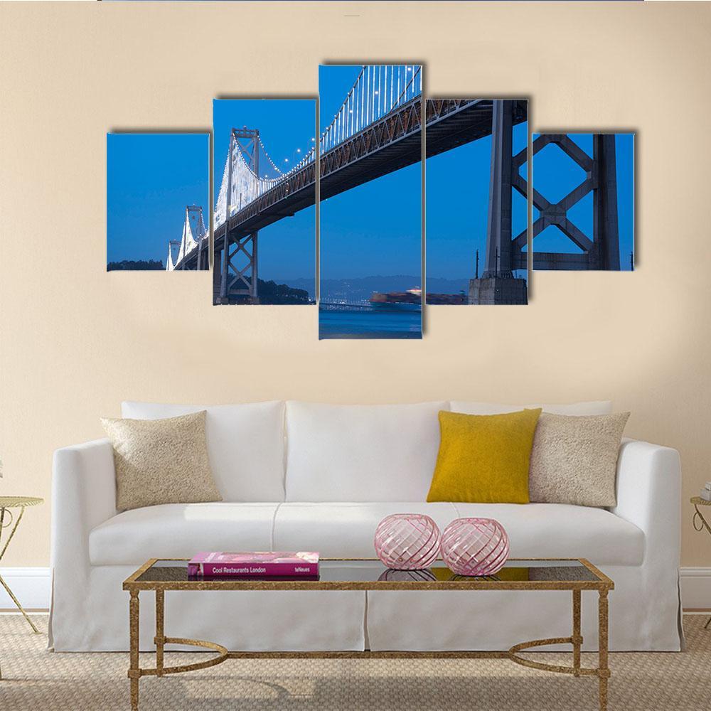 Bay Bridge At Twilight Canvas Wall Art-5 Star-Gallery Wrap-62" x 32"-Tiaracle