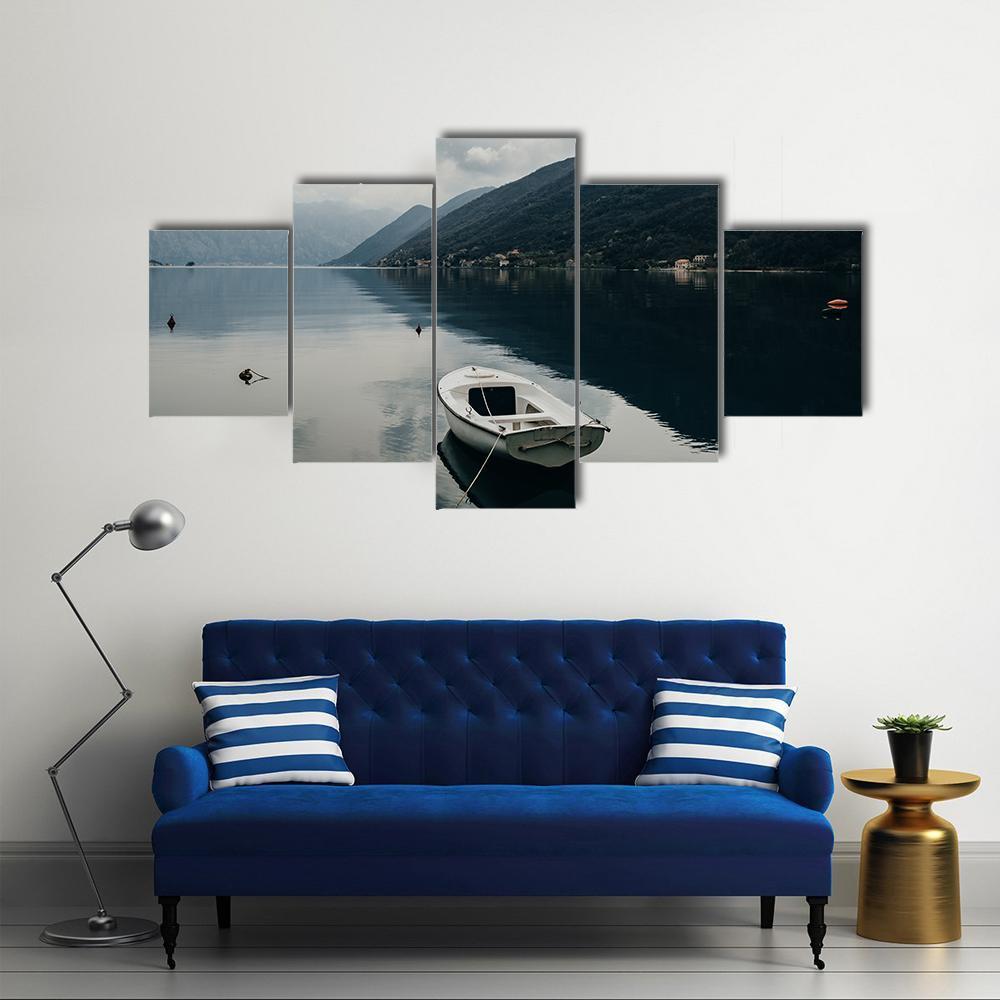 Bay Of Kotor & Boat Canvas Wall Art-5 Star-Gallery Wrap-62" x 32"-Tiaracle