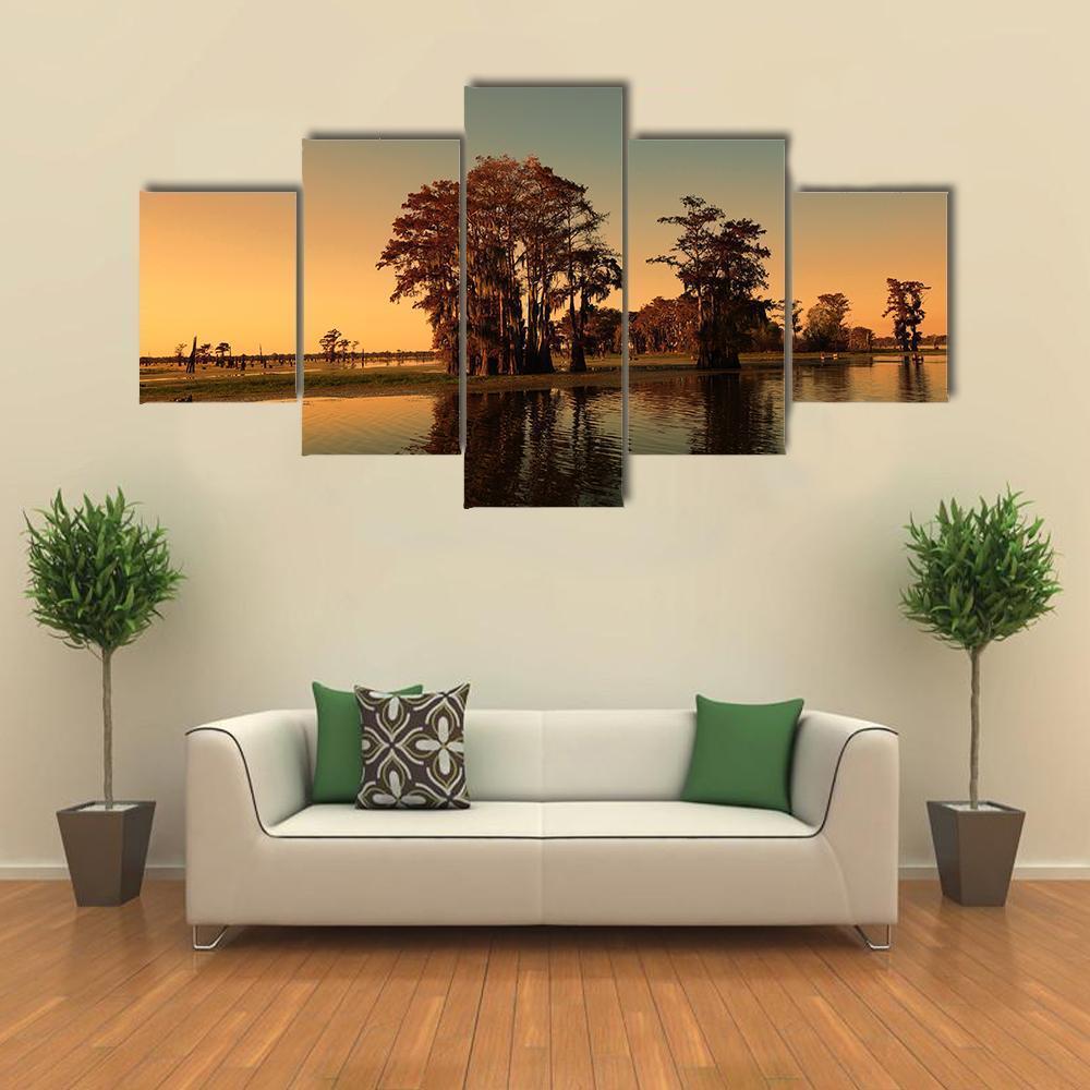 Bayou & Cypress Trees Canvas Wall Art-5 Star-Gallery Wrap-62" x 32"-Tiaracle