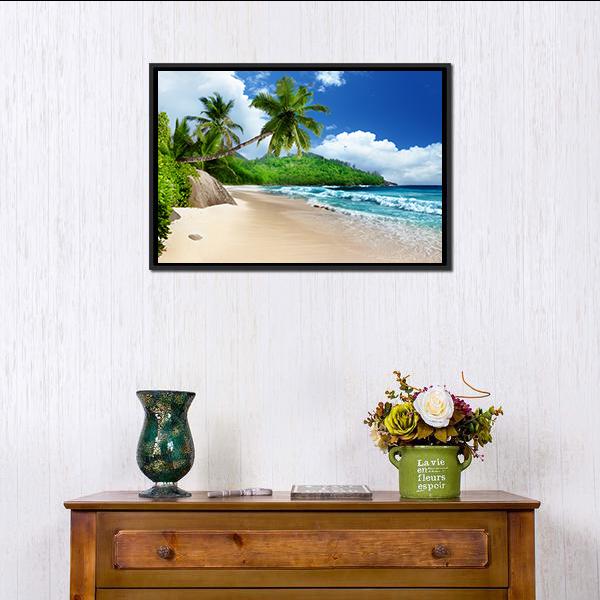 Beach At Mahe Island Canvas Wall Art-1 Piece-Floating Frame-24" x 16"-Tiaracle