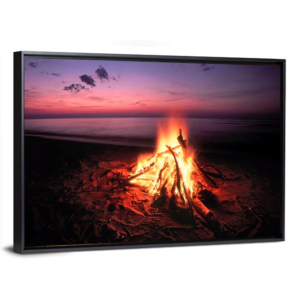 Beach Campfire On Lake Canvas Wall Art-3 Horizontal-Gallery Wrap-25" x 16"-Tiaracle