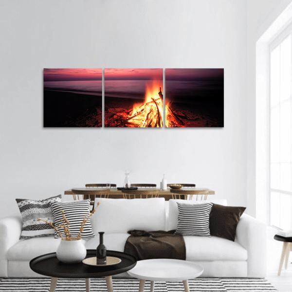 Beach Campfire On Lake Panoramic Canvas Wall Art-3 Piece-25" x 08"-Tiaracle
