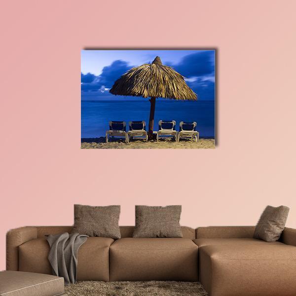 Beach Chairs Under Umbrella Canvas Wall Art-1 Piece-Gallery Wrap-48" x 32"-Tiaracle