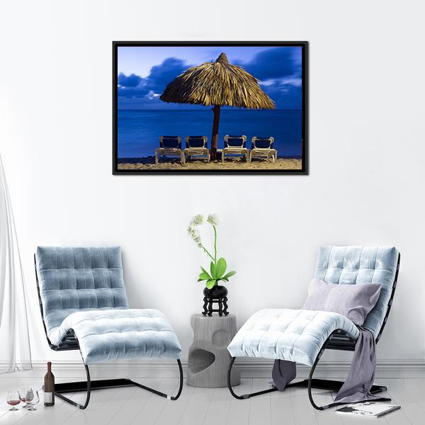 Beach Chairs Under Umbrella Canvas Wall Art-3 Horizontal-Gallery Wrap-25" x 16"-Tiaracle