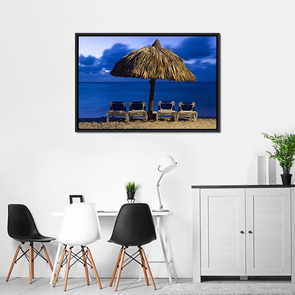 Beach Chairs Under Umbrella Canvas Wall Art-3 Horizontal-Gallery Wrap-25" x 16"-Tiaracle
