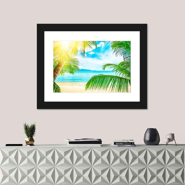 Beach From Palm Trees Canvas Wall Art-1 Piece-Framed Print-20" x 16"-Tiaracle