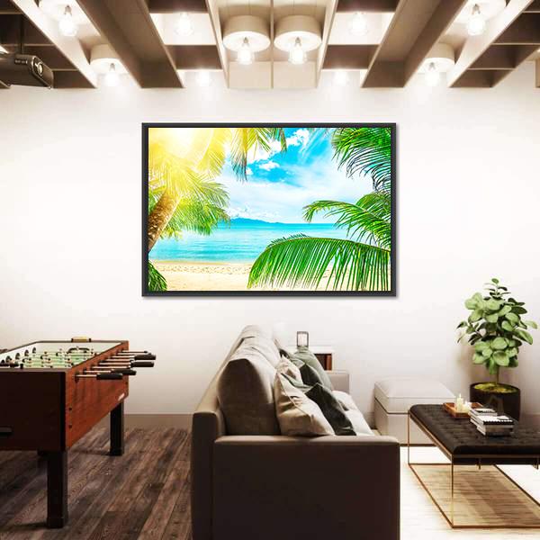 Beach From Palm Trees Canvas Wall Art-3 Horizontal-Gallery Wrap-25" x 16"-Tiaracle