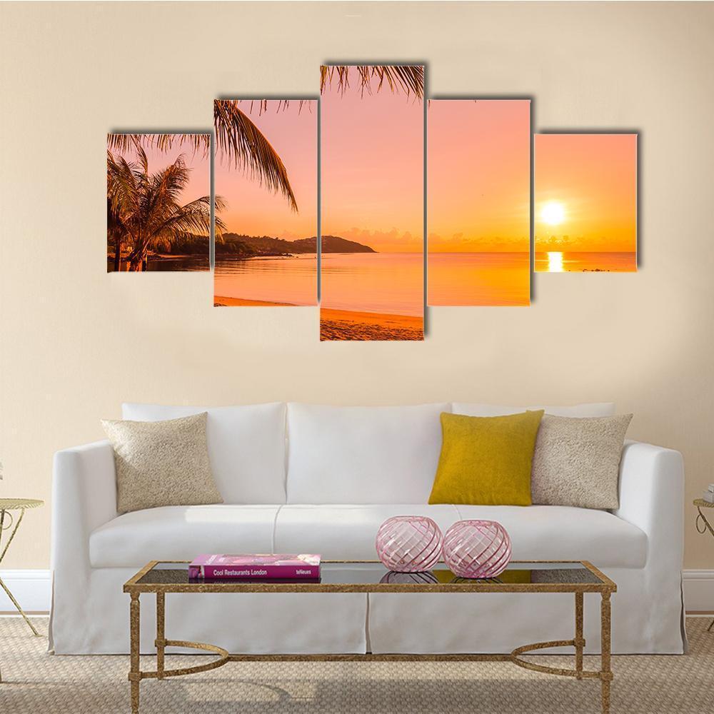 Beach At Sunrise Time Canvas Wall Art-5 Star-Gallery Wrap-62" x 32"-Tiaracle