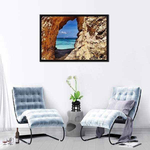 Beach Through Hole In Rock Canvas Wall Art-5 Horizontal-Gallery Wrap-22" x 12"-Tiaracle