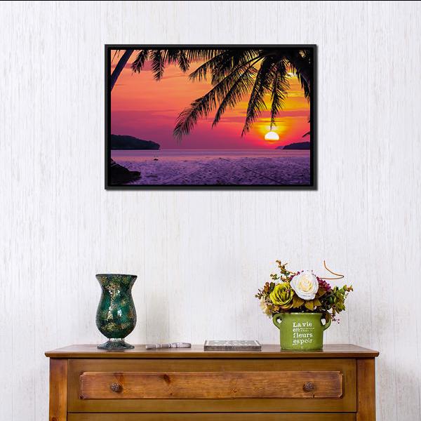 Beach With Coconut Tree Canvas Wall Art-1 Piece-Floating Frame-24" x 16"-Tiaracle