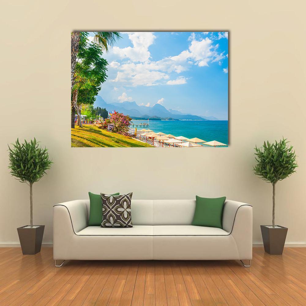 Beach With Green Trees In Kemer Canvas Wall Art-1 Piece-Gallery Wrap-48" x 32"-Tiaracle