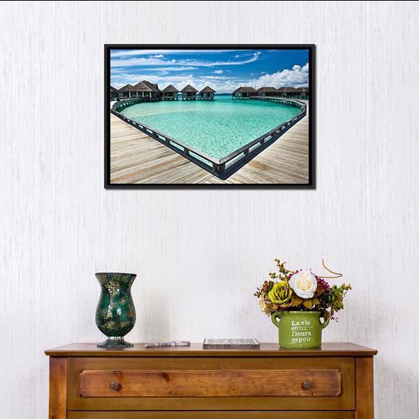 Beach With Water Bungalows Canvas Wall Art-1 Piece-Floating Frame-24" x 16"-Tiaracle