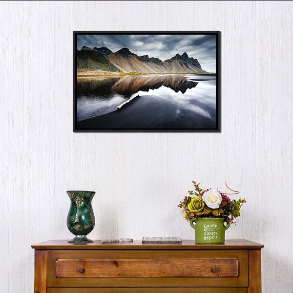 Beach With Wet Black Sand Canvas Wall Art-1 Piece-Floating Frame-24" x 16"-Tiaracle