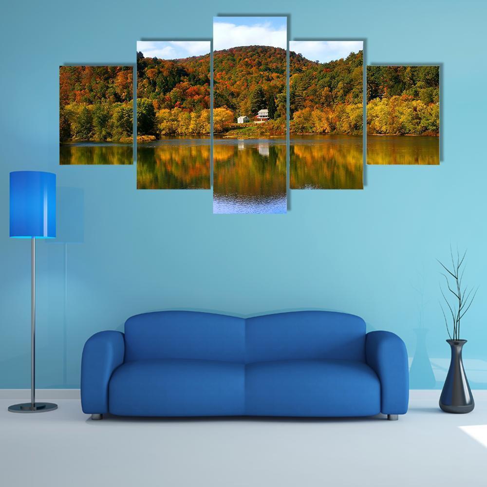 Lake With Autumn Forest Canvas Wall Art-5 Star-Gallery Wrap-62" x 32"-Tiaracle