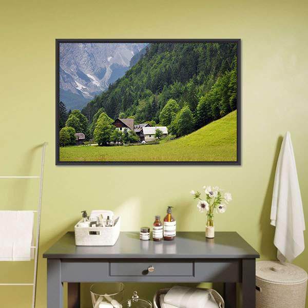 Beautiful House In Valley Canvas Wall Art-1 Piece-Floating Frame-24" x 16"-Tiaracle