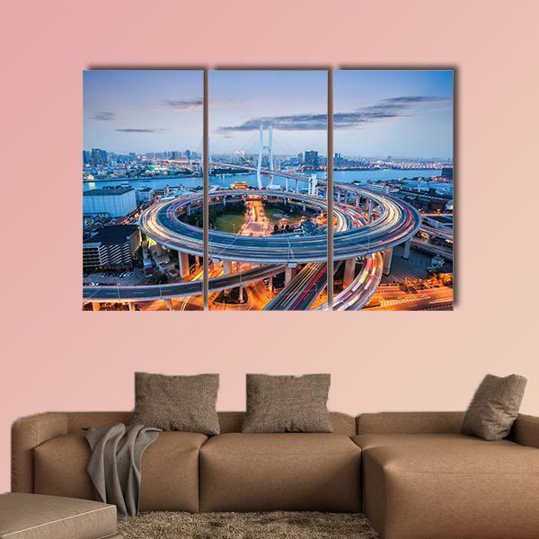 Nanpu Bridge At Dusk Canvas Wall Art-3 Horizontal-Gallery Wrap-25" x 16"-Tiaracle