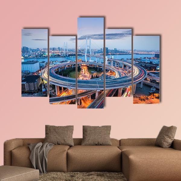 Nanpu Bridge At Dusk Canvas Wall Art-5 Pop-Gallery Wrap-47" x 32"-Tiaracle