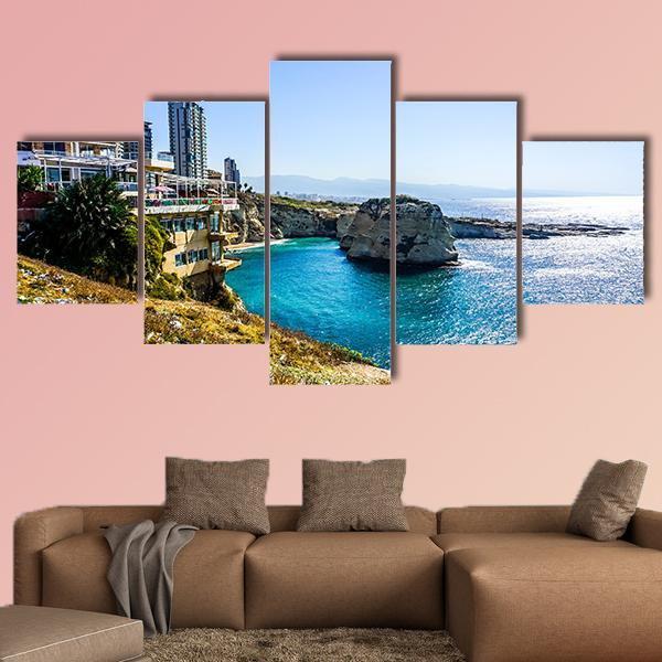 Raouche Rocks & Sea Canvas Wall Art-5 Star-Gallery Wrap-62" x 32"-Tiaracle