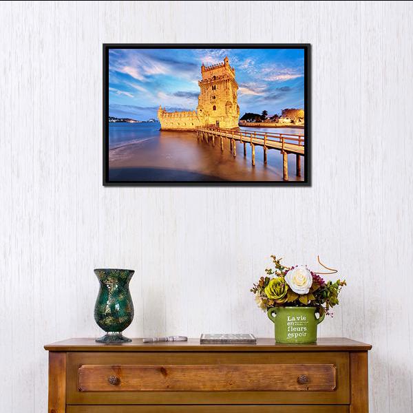 Belem Tower In Portugal Canvas Wall Art-1 Piece-Floating Frame-24" x 16"-Tiaracle