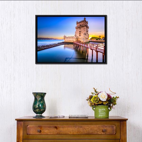 Belem Tower On Tagus River Canvas Wall Art-1 Piece-Floating Frame-24" x 16"-Tiaracle