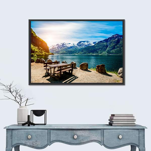 Bench Near Lake Canvas Wall Art-1 Piece-Floating Frame-24" x 16"-Tiaracle