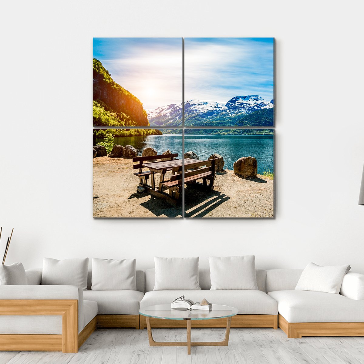 Bench Near Lake Canvas Wall Art-4 Square-Gallery Wrap-17" x 17"-Tiaracle