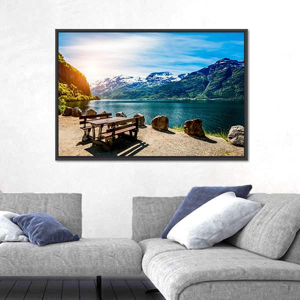 Bench Near Lake Canvas Wall Art-3 Horizontal-Gallery Wrap-25" x 16"-Tiaracle