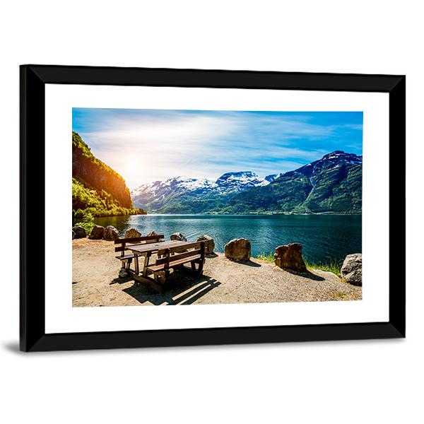 Bench Near Lake Canvas Wall Art-3 Horizontal-Gallery Wrap-25" x 16"-Tiaracle