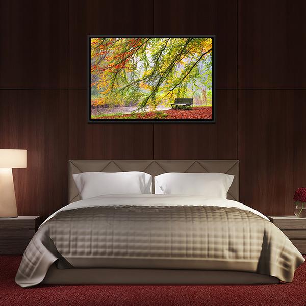 Bench Under Autumn Tree Canvas Wall Art-5 Horizontal-Gallery Wrap-22" x 12"-Tiaracle