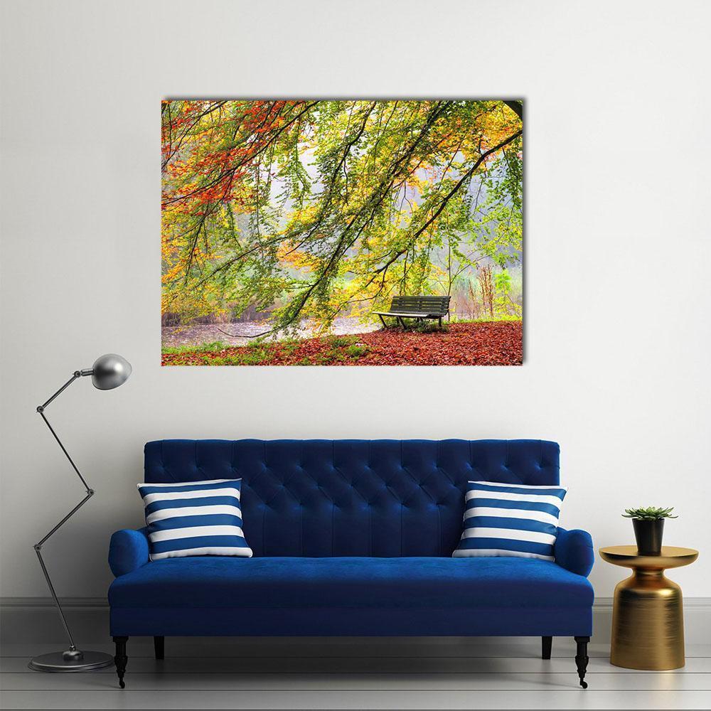 Bench Under Autumn Tree Canvas Wall Art-1 Piece-Gallery Wrap-36" x 24"-Tiaracle