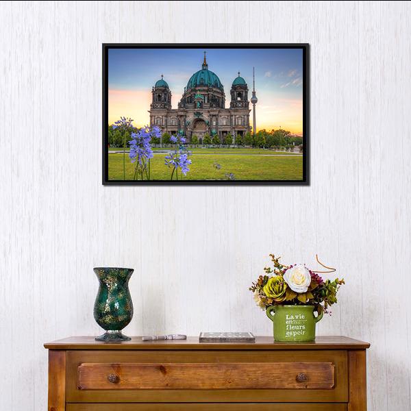 Berlin Cathedral At Sunrise Canvas Wall Art-1 Piece-Floating Frame-24" x 16"-Tiaracle