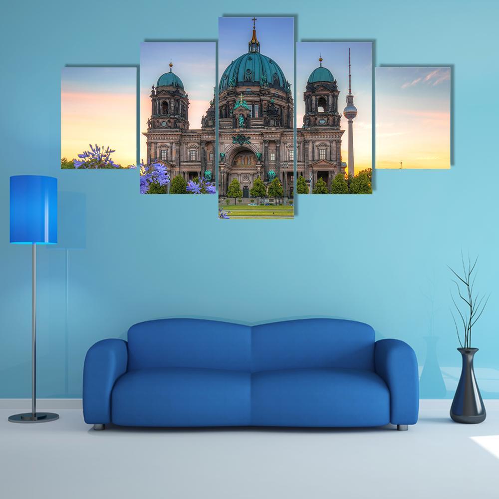 Berlin Cathedral At Sunrise Canvas Wall Art-5 Star-Gallery Wrap-62" x 32"-Tiaracle